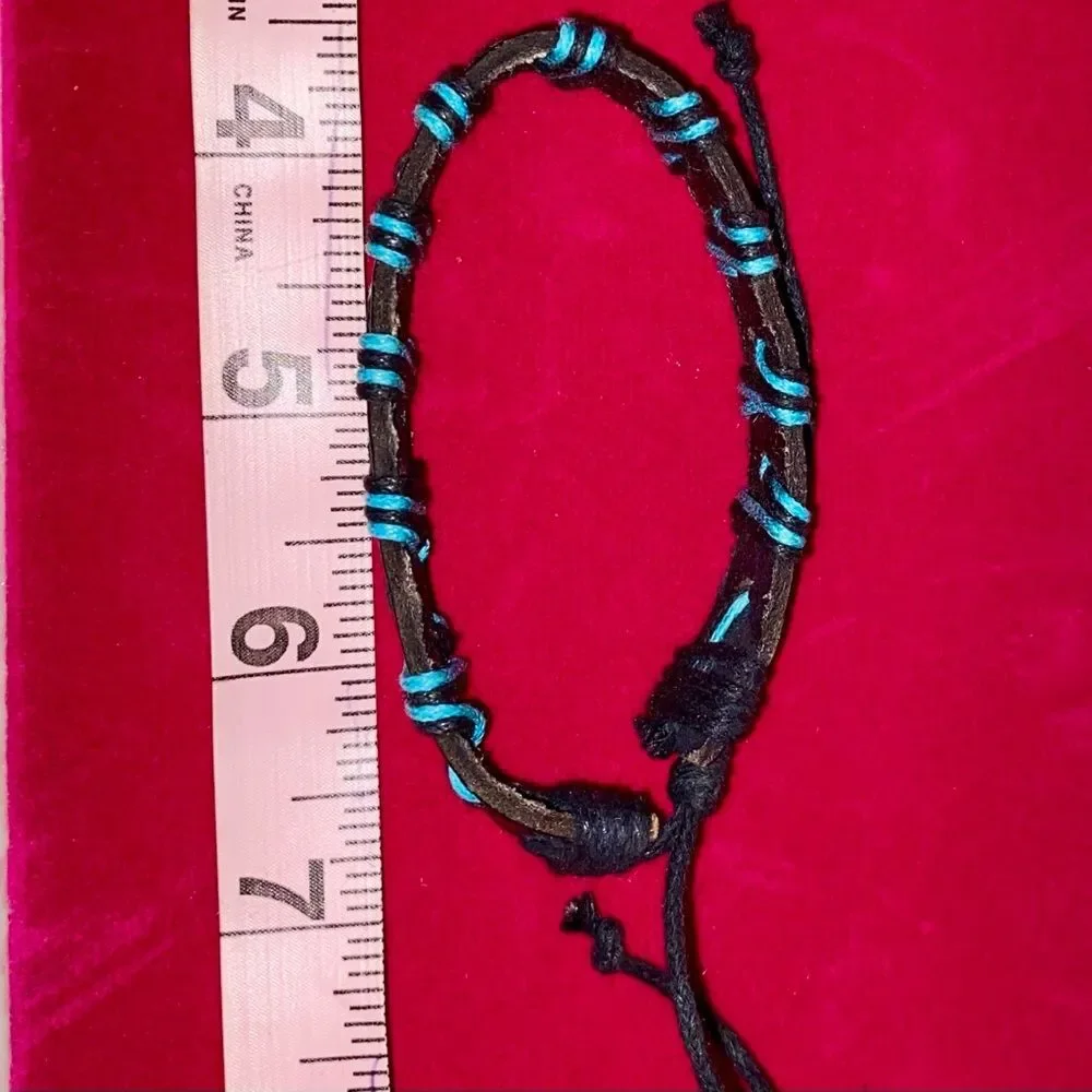 Black Leather and Blue Cord Vintage Bracelet